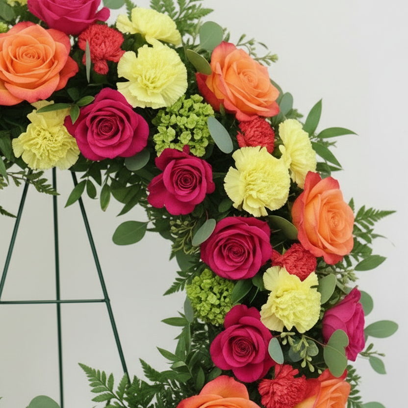 Colorful flower wreath with roses, carnations, and greenery on a white background