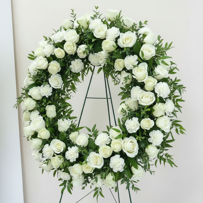 White floral wreath with greenery on a stand against a light gray background for Cincinnati and Florence, Kentucky funeral delivery