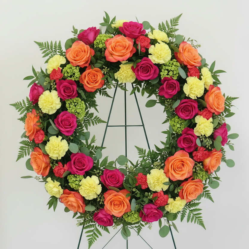 Colorful flower wreath with pink, orange, yellow, and green flowers on a white background