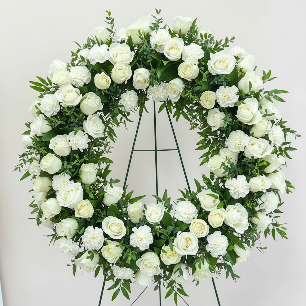 Floral funeral wreath made of white roses and greenery on a stand against a light background