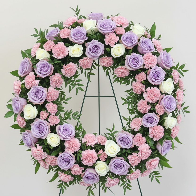 Floral funeral sympathy wreath with pink, purple, and white flowers on a white background 