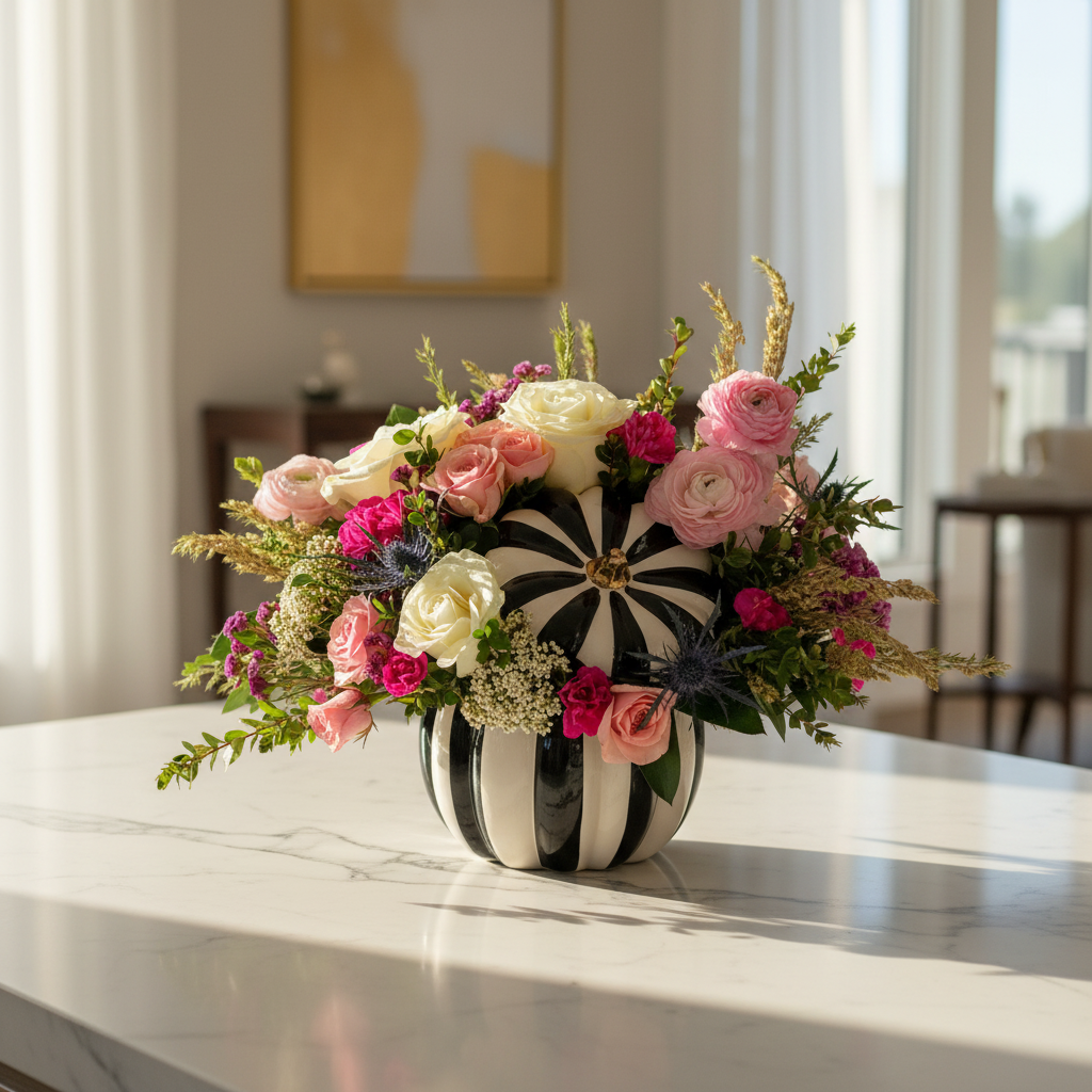 A decorative black and white striped in McKenzie-Child style pumpkin-shaped vase filled with a colorful floral arrangement of pink, white, and burgundy roses, set on a light marble table in a bright, modern room.