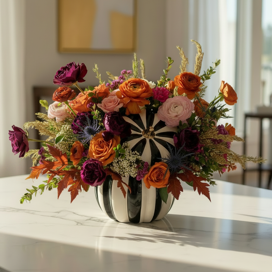 A vibrant autumn floral arrangement in a black and white striped pumpkin-shaped vase, set on a white marble countertop in a bright, modern room.