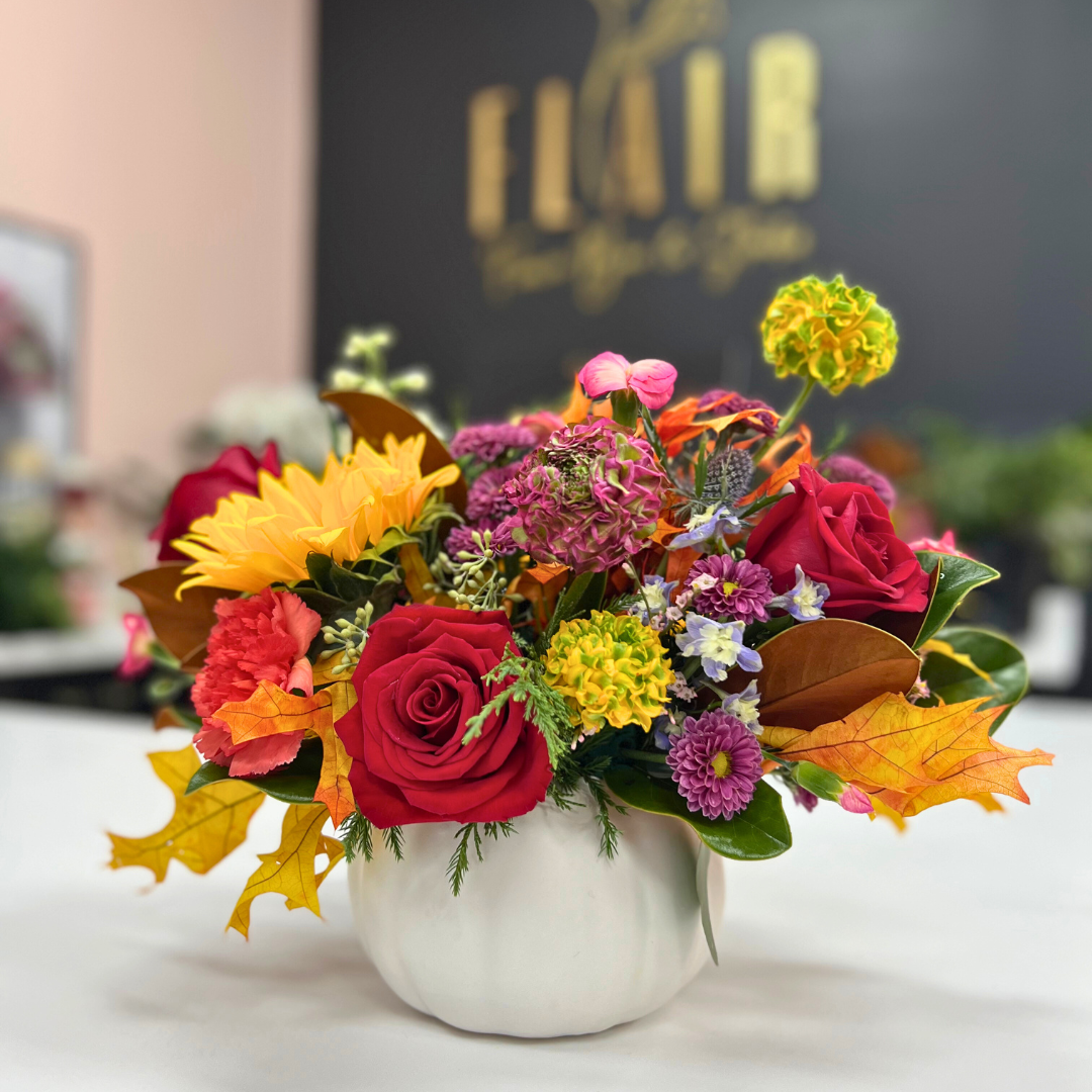 Thanksgiving Pumpkin Harvest Centerpiece Arrangement - Flair Flower Bar & Studio