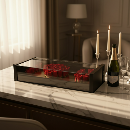Decorative box with red roses, bottle of champagne, and glasses on a marble surface - Cincinnati Luxury Flower Delivery by Flair Flower Bar