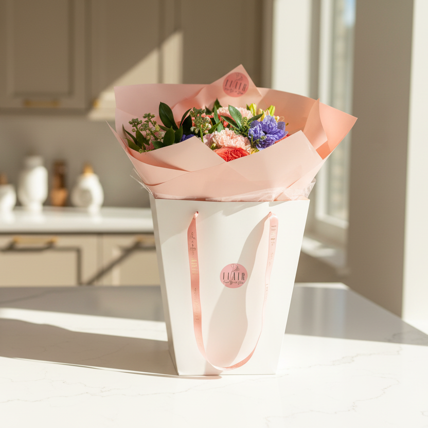 Bouquet of flowers wrapped in pink paper with a white box on a light surface.