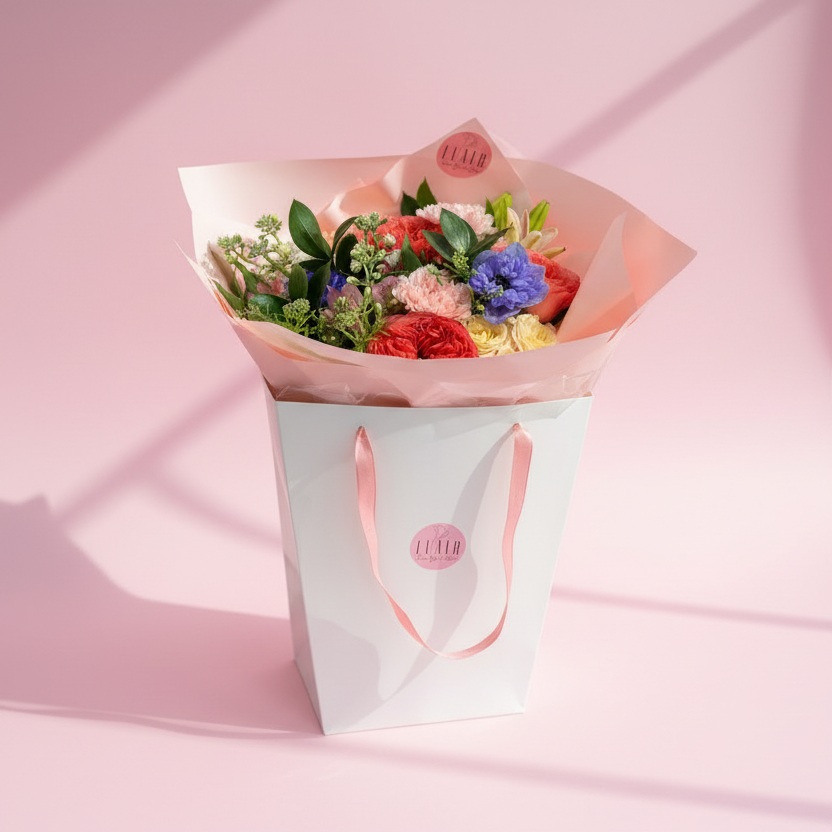 The Maison Wrap Bouquet for Valentine's Day in Pink and White with colorful flowers for delivery in Cincinnati and Northern Kentucky