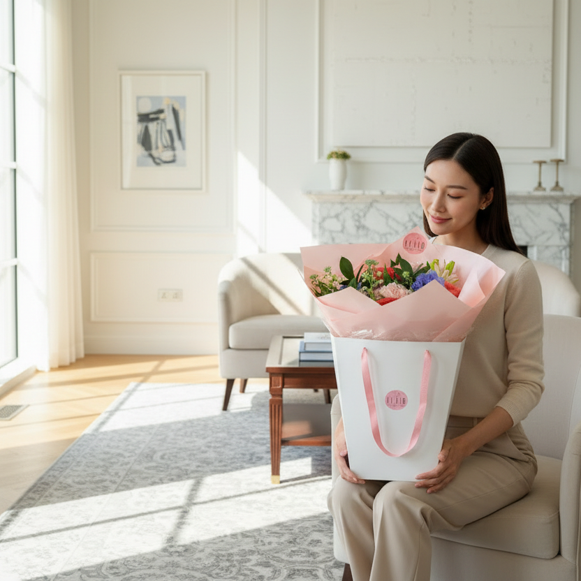 Woman holding a bouquet of flowers in a bright living room from Flair Flower Bar