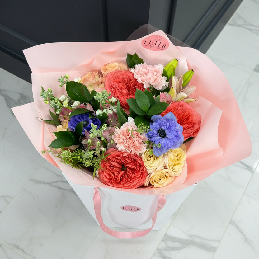 Top view of The Maison Wrap Valentine Bouquet for local delivery in Northern Kentucky and Cincinnati