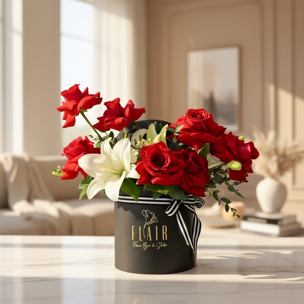 Floral arrangement with red roses and white lilies in a black container on a table.