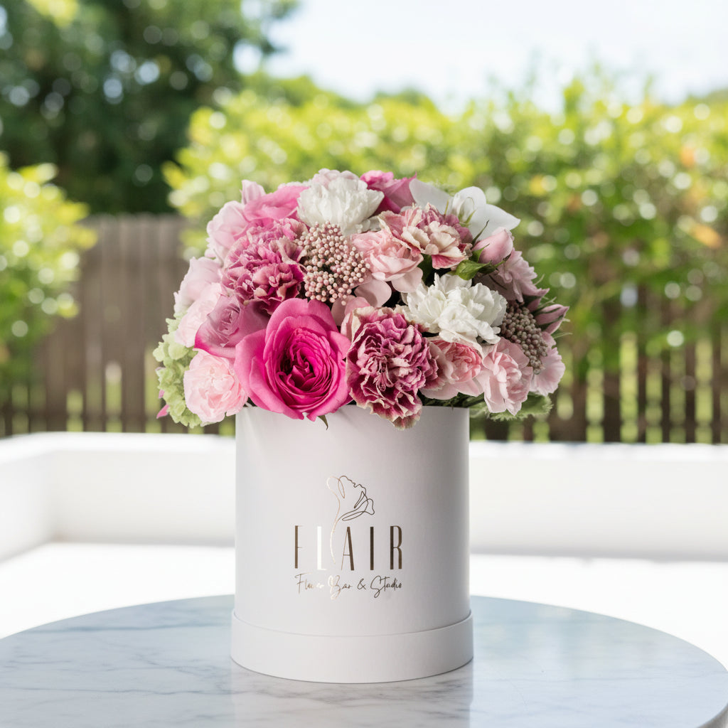 Floral arrangement in a white box in Cincinnati
