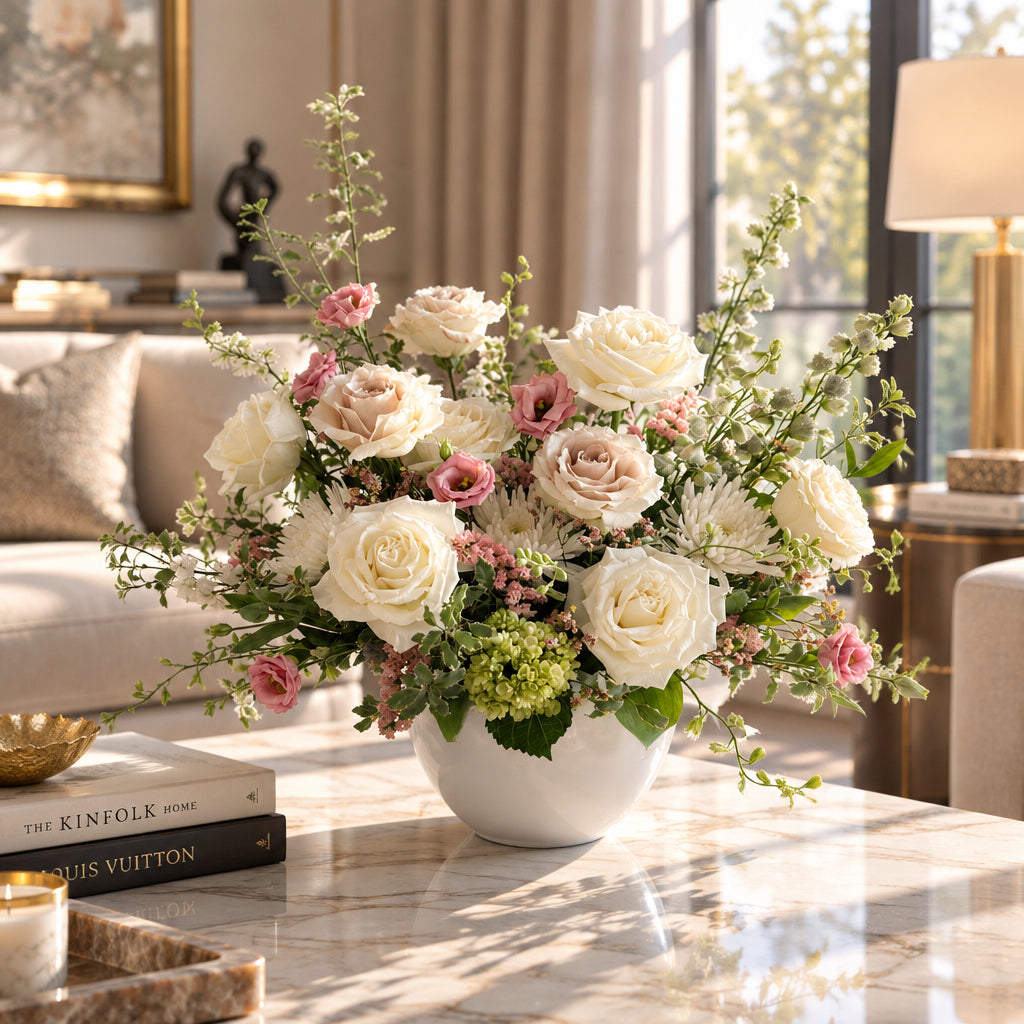 The Signature Garden Arrangement is a large luxury floral arrangement of cream and blush pink roses with green foliage in a white vase, for Cincinnati and  Northern Kentucky delivery or pickup in Florence, Kentucky
