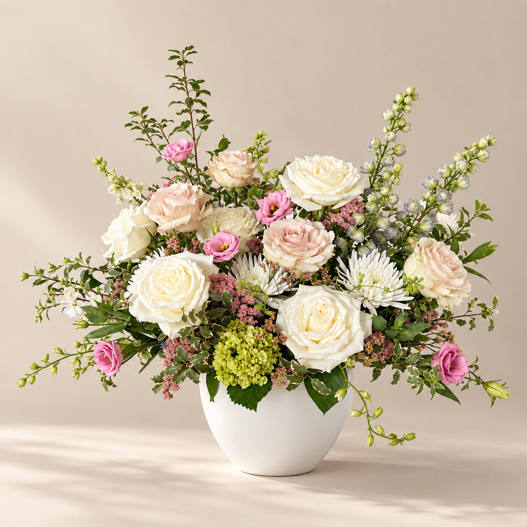 Luxury Signature Garden Arrangement by Flair Flower Bar - A large floral arrangement in a white vase on a white countertop, featuring white and blush pink roses, green foliage, green hydrangea and small Limonium flowers. 