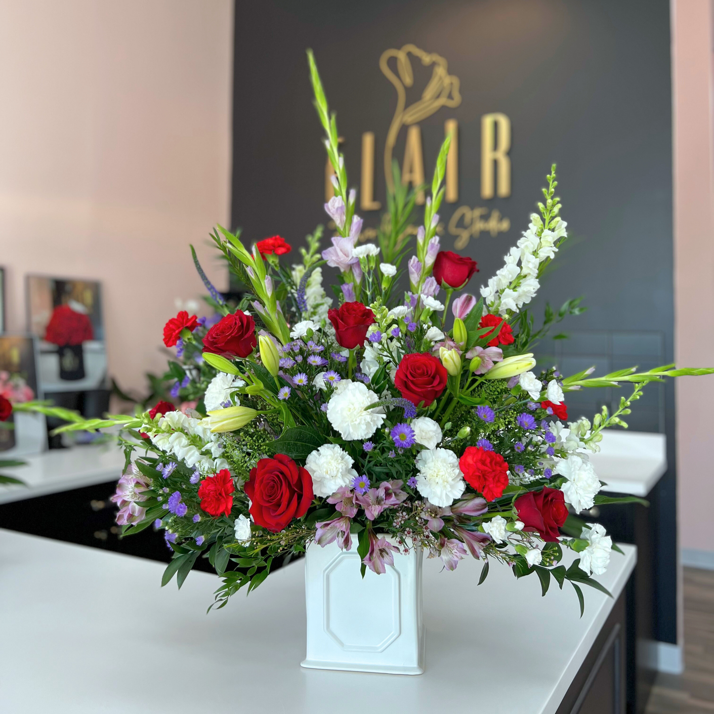 Funeral Flowers Arrangement with red roses 