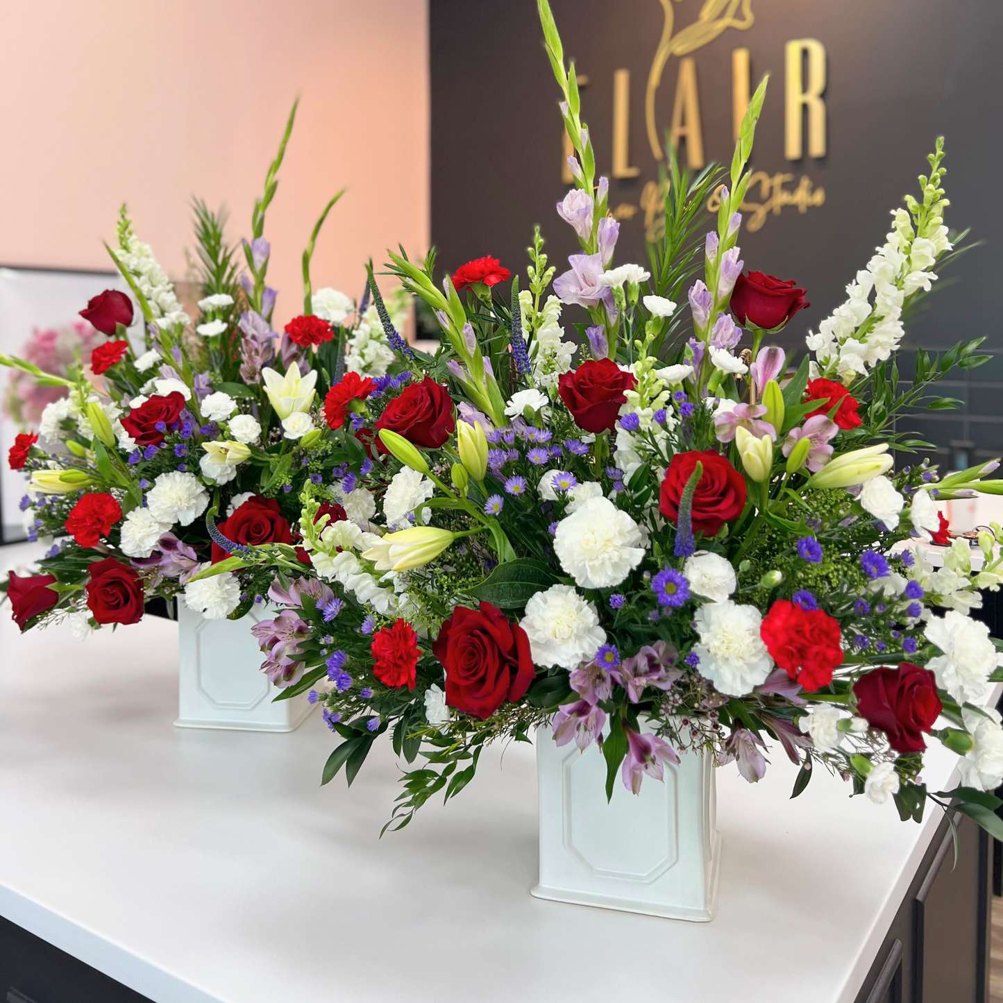 Funeral Flower Arrangement in Red white and blue