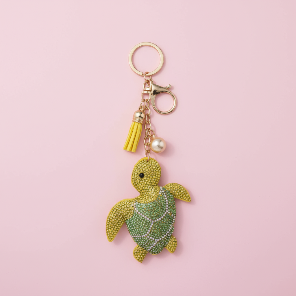 Turtle-shaped keychain with green body and yellow shell on a pink background