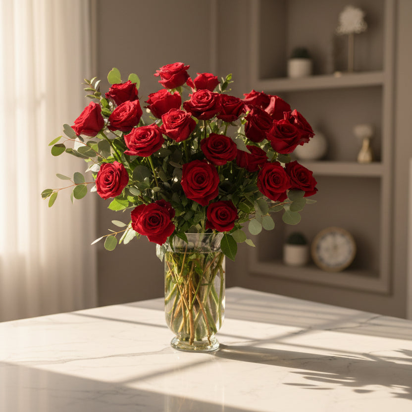 Bouquet of red roses in a clear vase on a white surface with a light gray background