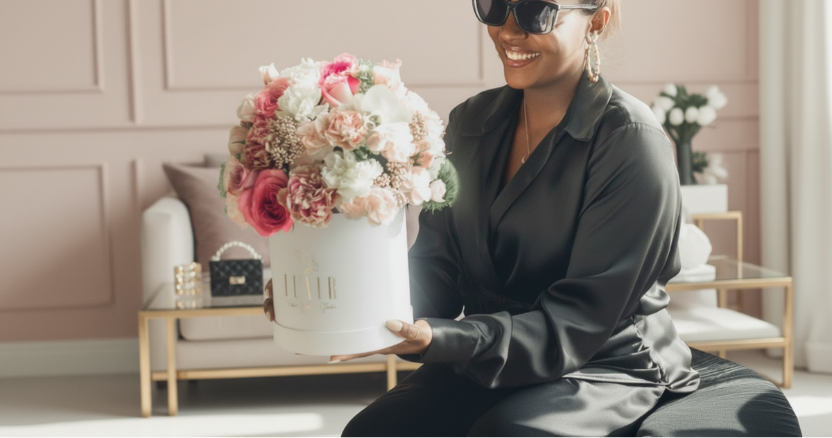 Woman holding a large flower arrangement in a stylish room.