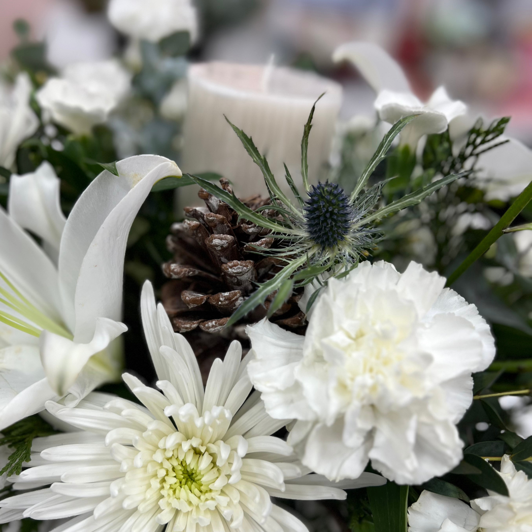 White Christmas Candle Centerpiece Arrangement - Flair Flower Bar & Studio