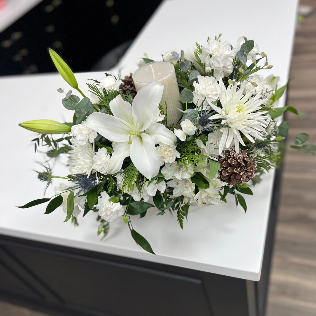 White Christmas Candle Centerpiece Arrangement - Flair Flower Bar & Studio