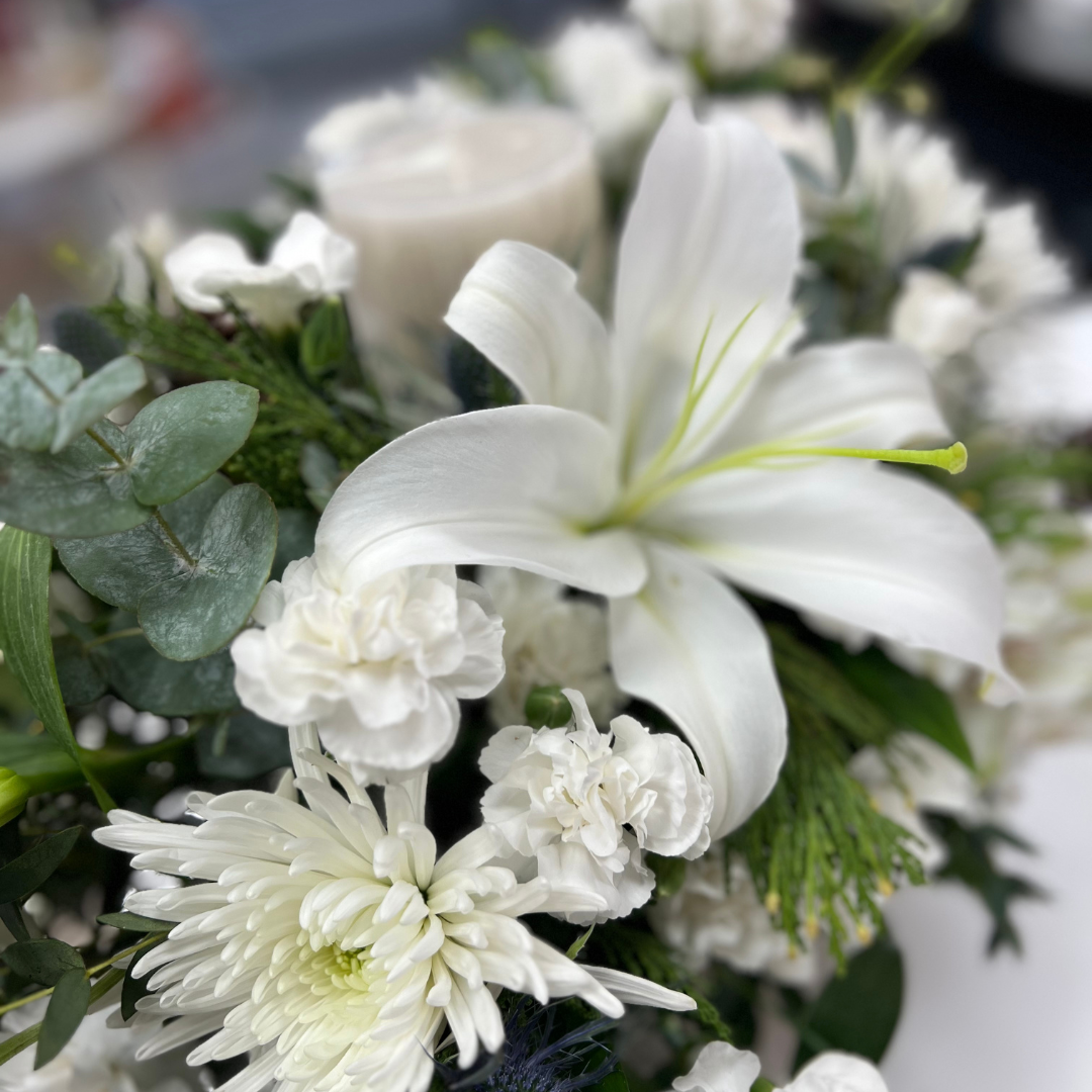White Christmas Candle Centerpiece Arrangement - Flair Flower Bar & Studio
