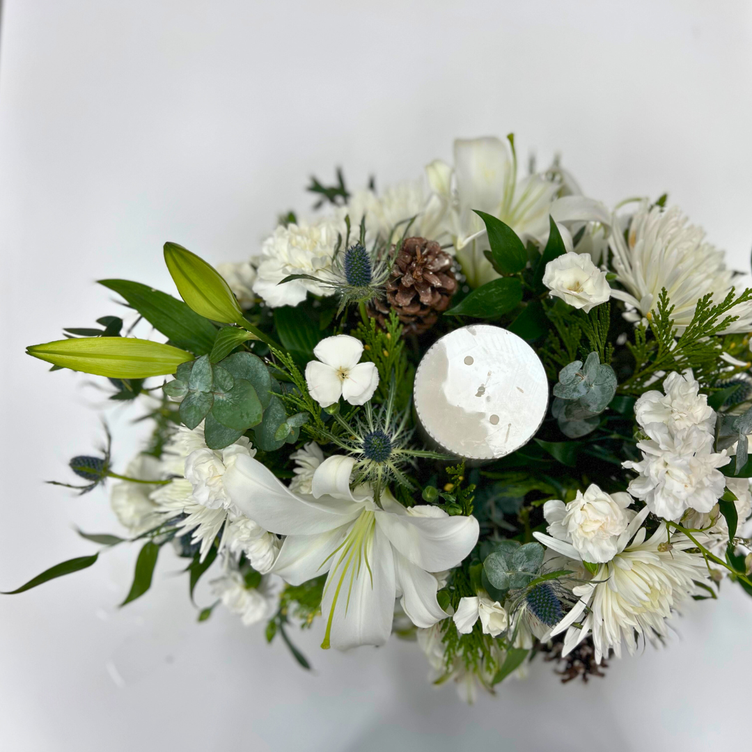 White Christmas Candle Centerpiece Arrangement - Flair Flower Bar & Studio