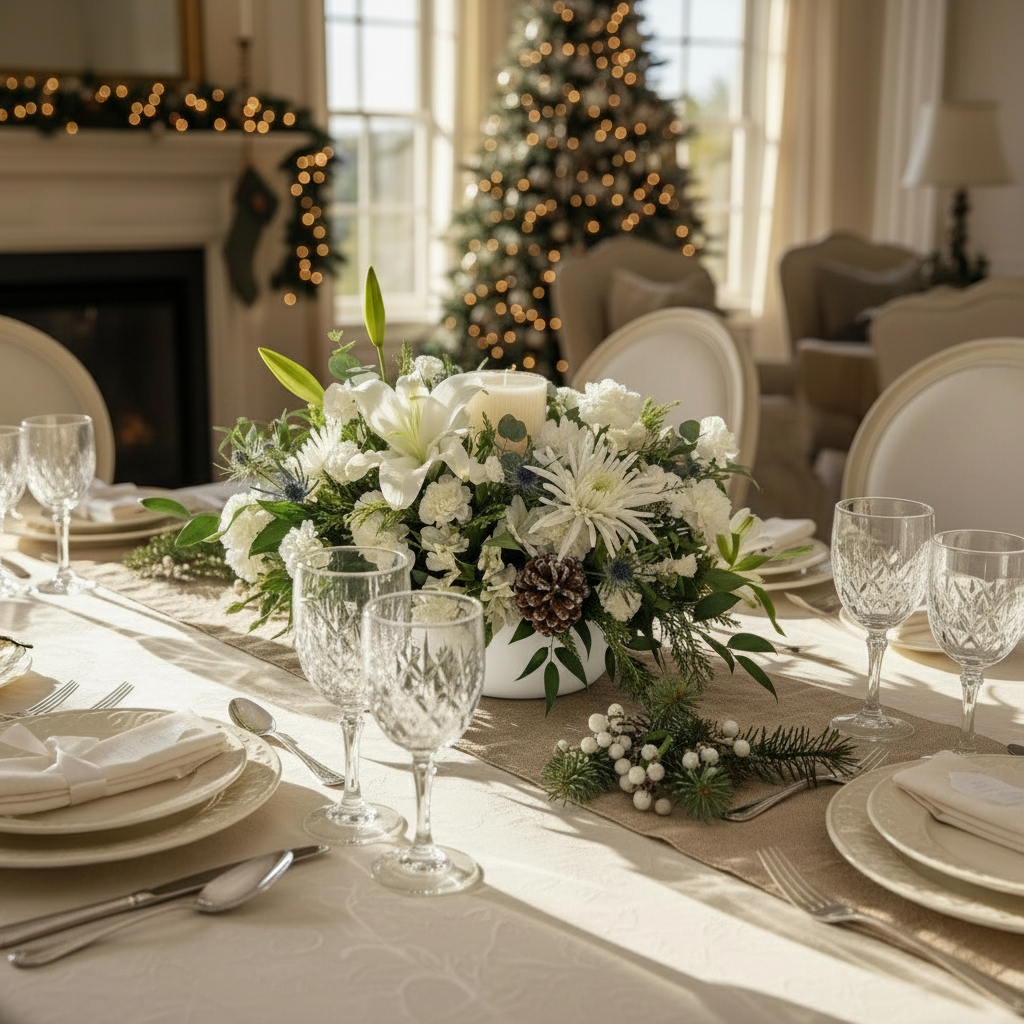 White centerpiece arrangement with large candle in the middle in home table background