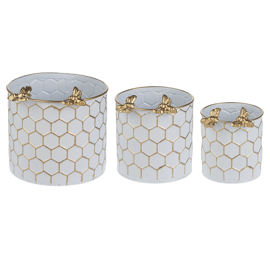White & Gold Honeycomb with Bee Planter - Flair Flower Bar & Studio
