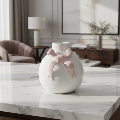 White vase with a pink bow on a marble surface in a stylish room.