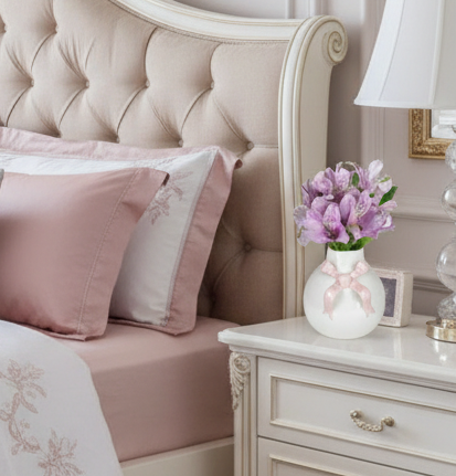 Delicate bedroom setting with pink bedding, headboard, and decorative vase.