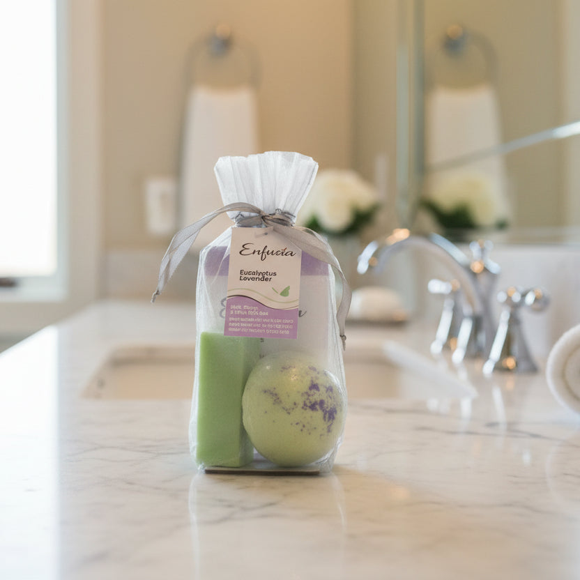 Eucalyptus Lavender bath scrub and ball gift set in a clear bag with a purple label on a white background.