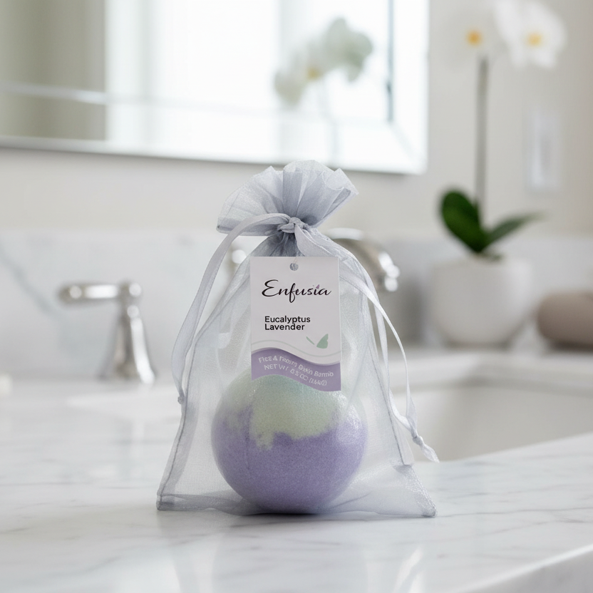 Purple bath bomb in a clear bag with 'Enfusia' label on a bathroom counter.