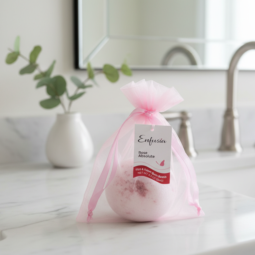 Enfusia Rose Absolute bath bomb in a pink drawstring bag on bathroom background