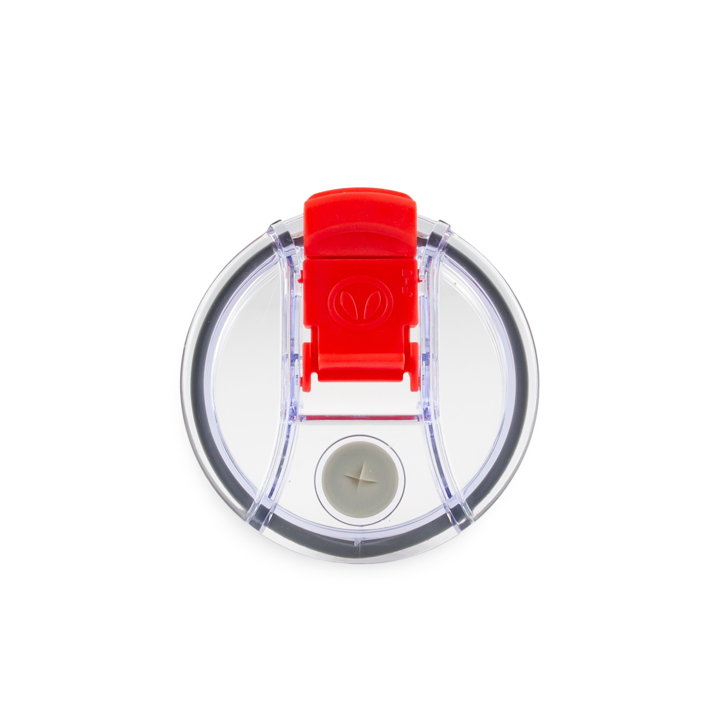 Clear circular top for tumbler with a red clip on a white background