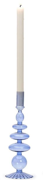 Tall candle holder with blue decorative base and white candle