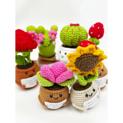 Set of crochet plants with faces on a white background