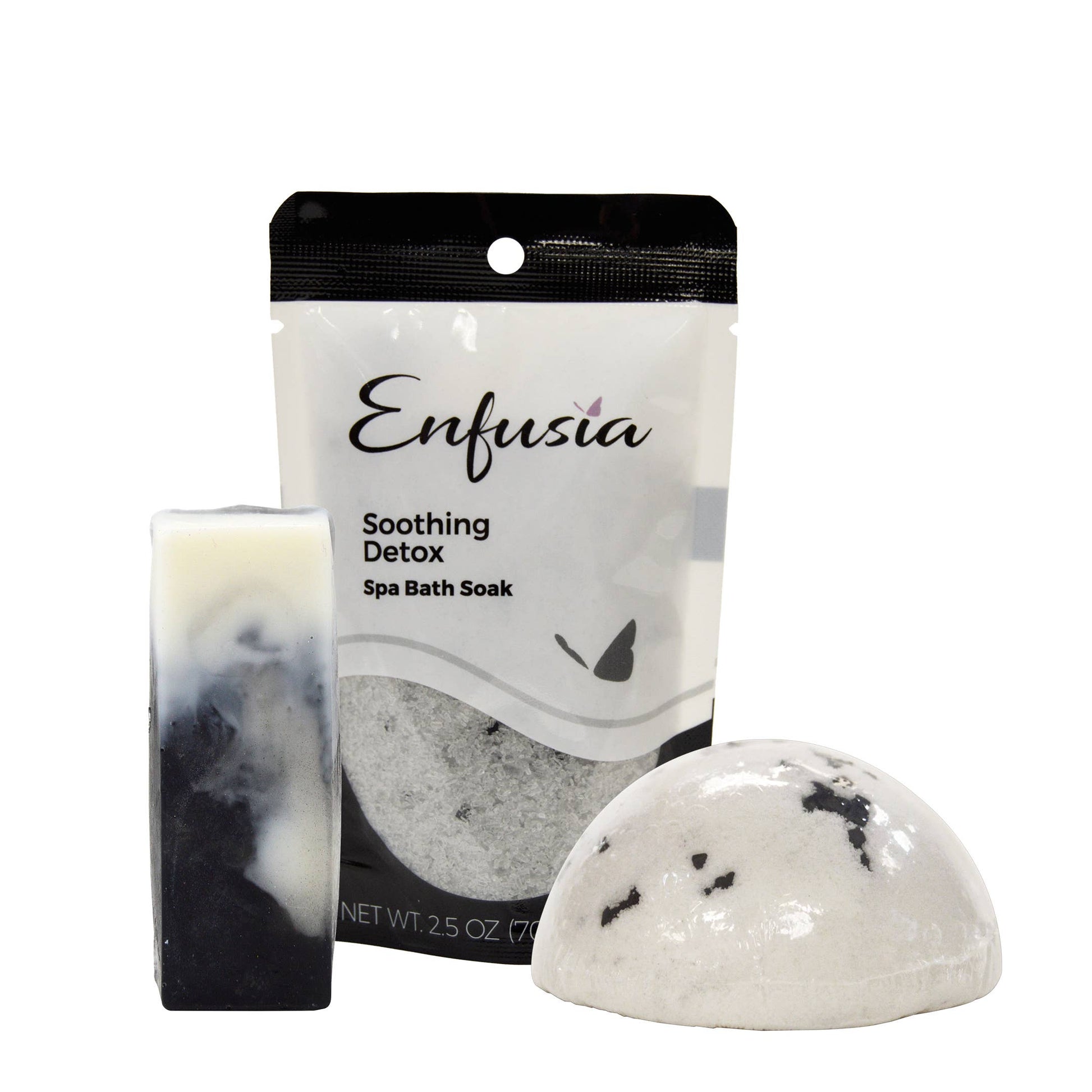 Enfusia Soothing Detox Spa Bath Soak packaging with a bath bomb and candle on a white background