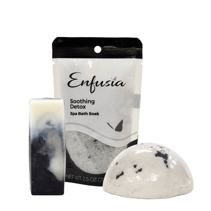 Enfusia Soothing Detox Spa Bath Soak packaging with a bath bomb and candle on a white background