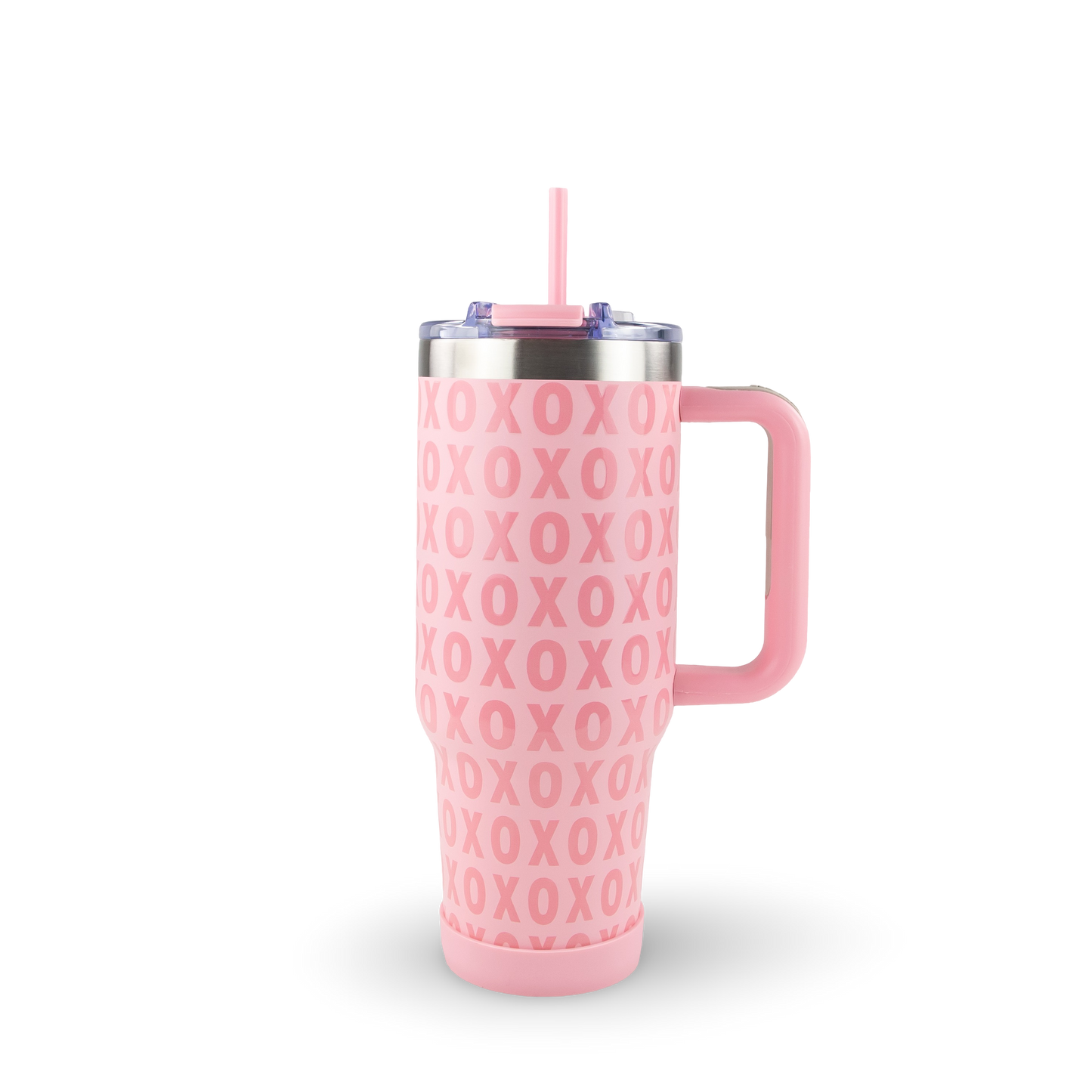 Pink tumbler with 'XOXO' pattern on a white background