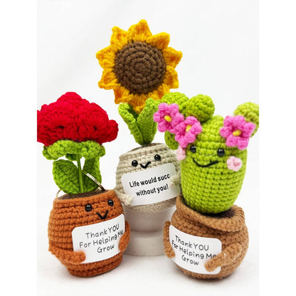 Set of crocheted plant toys with smiling faces and messages on a white background