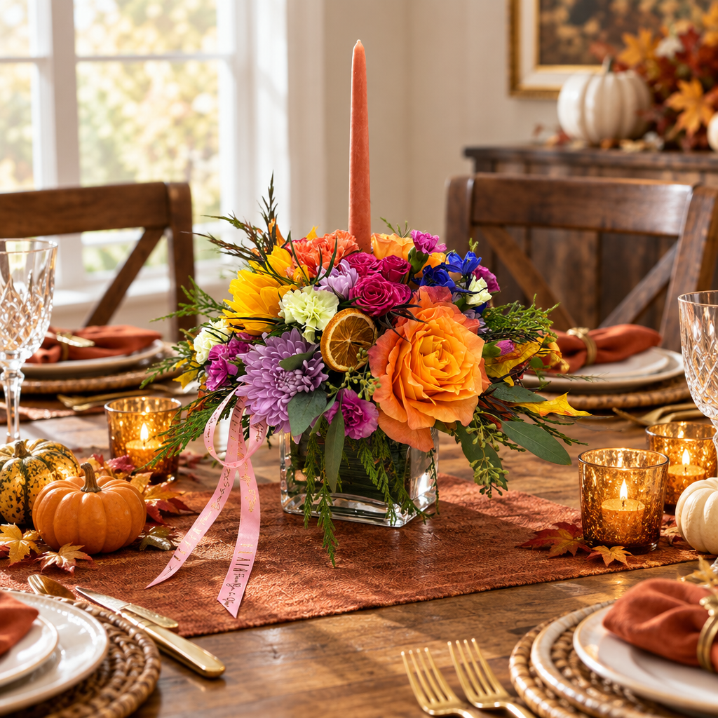 Fall candle centerpiece arrangement on a holiday table setting, by Flair Flower Bar in Cincinnati & NKY