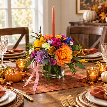 Fall candle centerpiece arrangement on a holiday table setting, by Flair Flower Bar in Cincinnati & NKY
