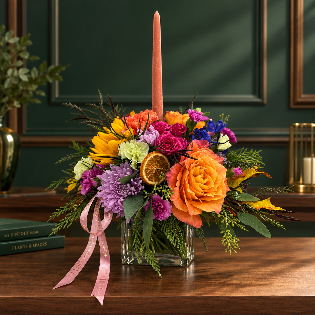 Candle centerpiece packshot with green luxury wood-trimmed backdrop by Flair Flower Bar in Florence, Kentucky