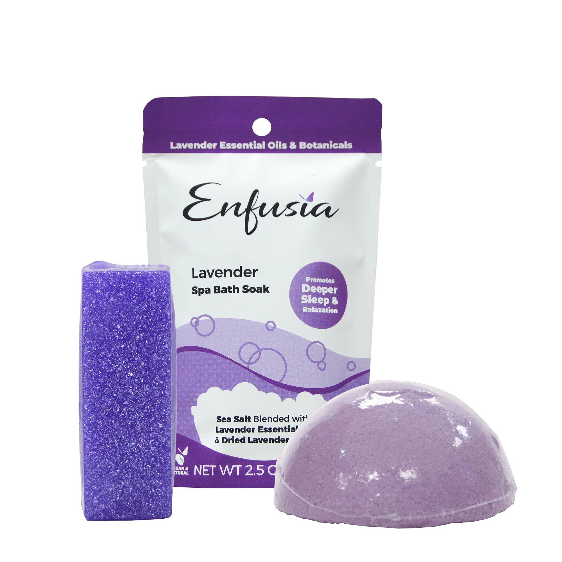 Enfusia Lavender Spa Bath Soak with packaging, bath bomb, and scrubber on a white background