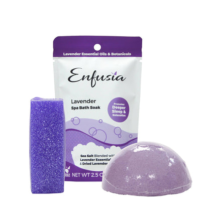 Enfusia Lavender Spa Bath Soak with packaging, bath bomb, and scrubber on a white background