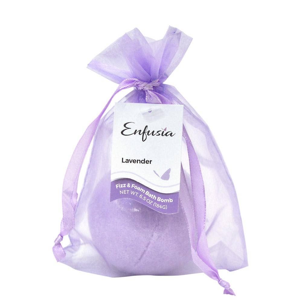 Lavender bath bomb in a purple organza bag with Enfusia branding on a white background