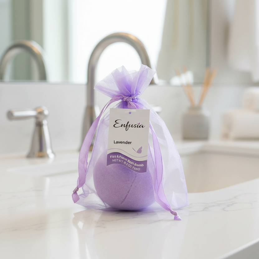 Lavender bath bomb in a purple organza bag with Enfusia branding on a white background