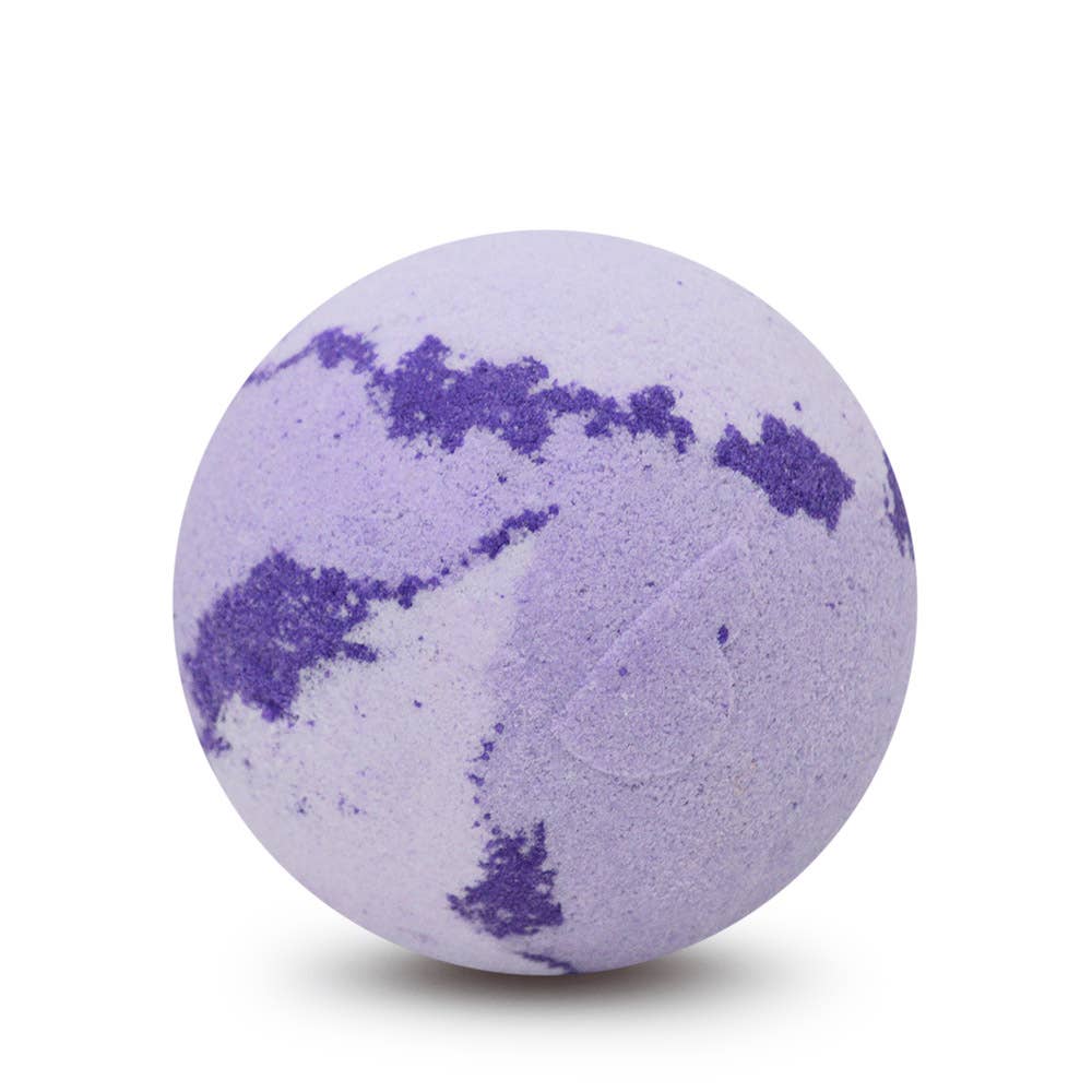 Purple bath bomb with white specks on a white background