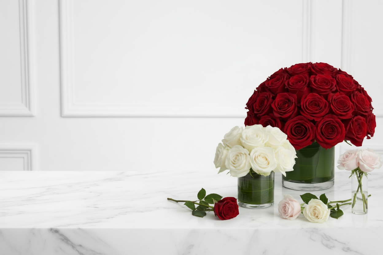 Pink, red, and white rose arrangements in glass vases, Flair Flower Bar & Studio luxury florist serving Florence KY and Greater Cincinnati