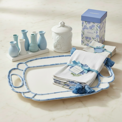 The Hydrangea Hostess Collection – styled flatlay with platter, vase set, dish towels, candle and gift box